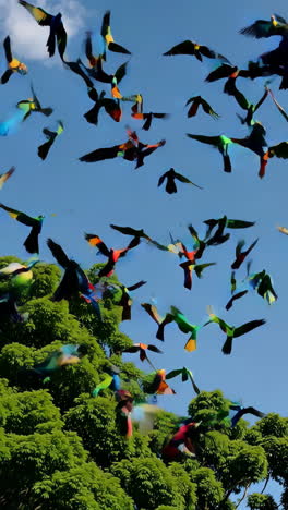 flock of colorful parrots in flight