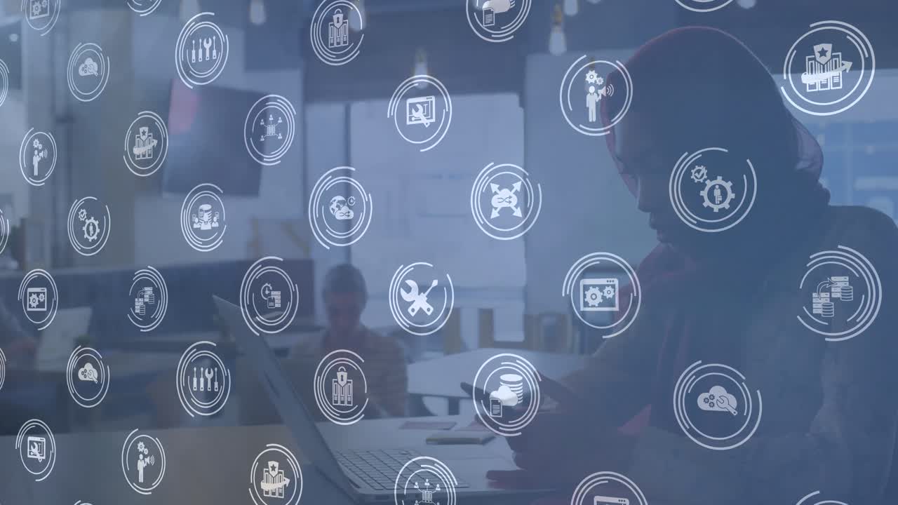 Animation of connections with technology icons over biracial woman using smartphone