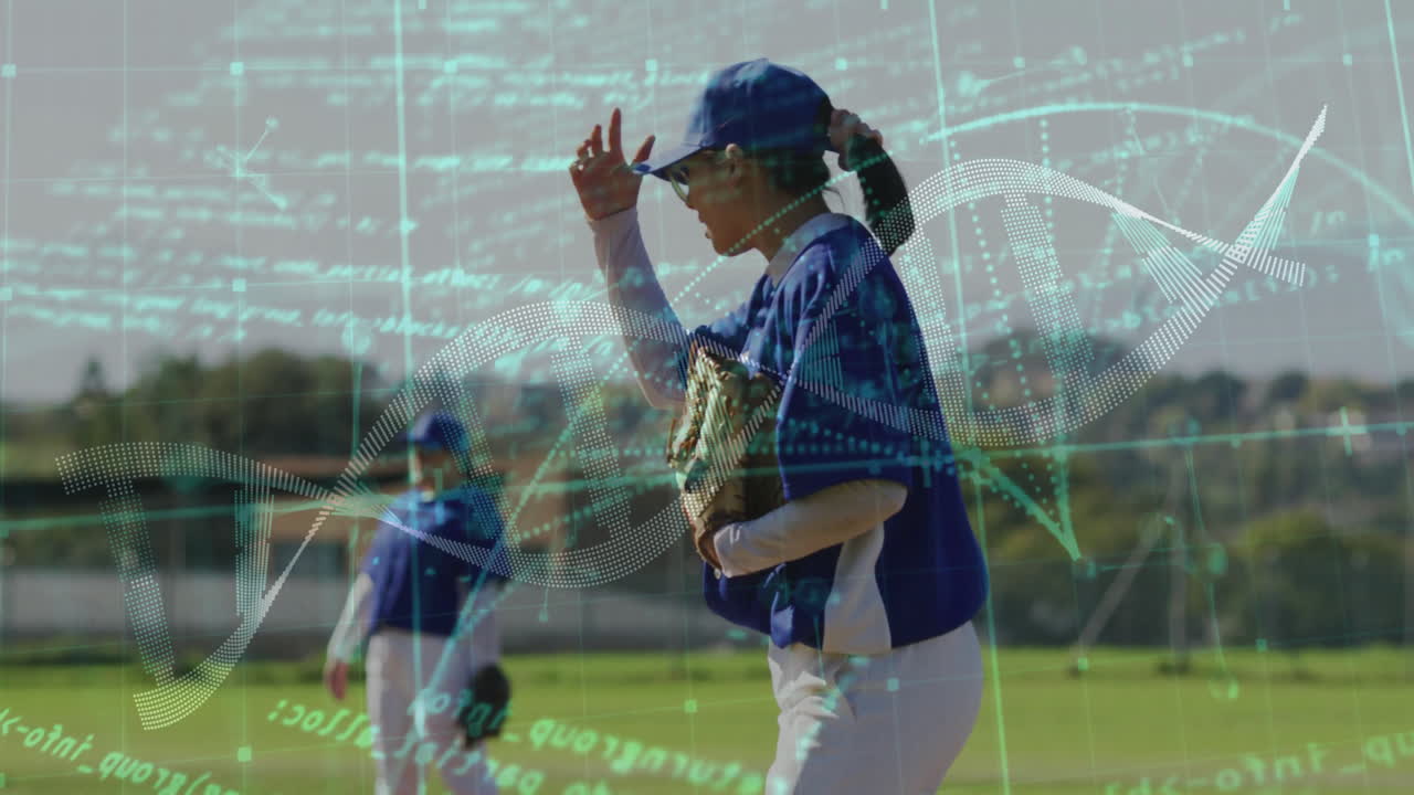 Baseball players on field with animated data overlay during game