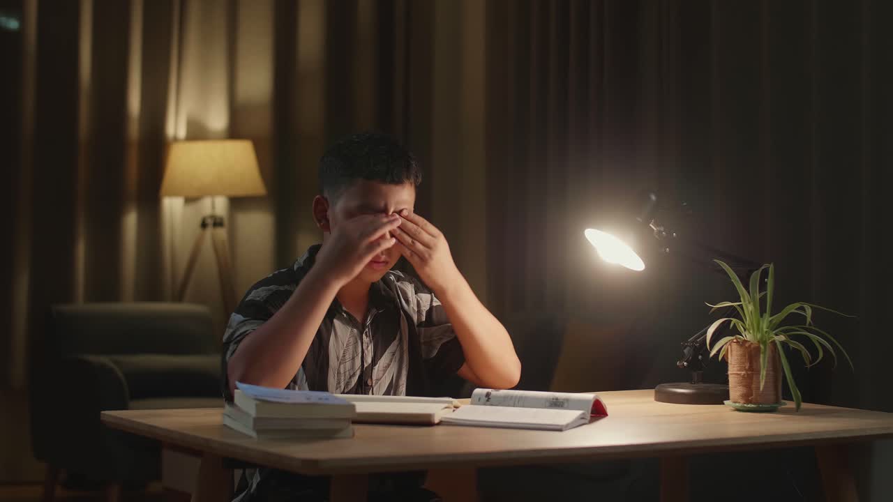 Tired Teenage Boy Feel Pain Eyestrain Rubbing Dry Irritated Eyes Fatigued From Doing Home Work