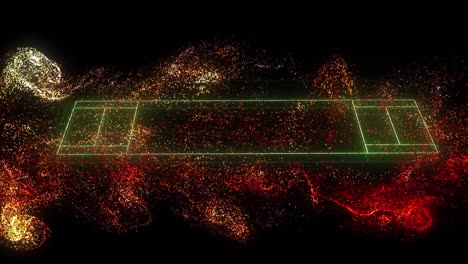 animation of red digital wave over neon green rugby pitch layout against black background