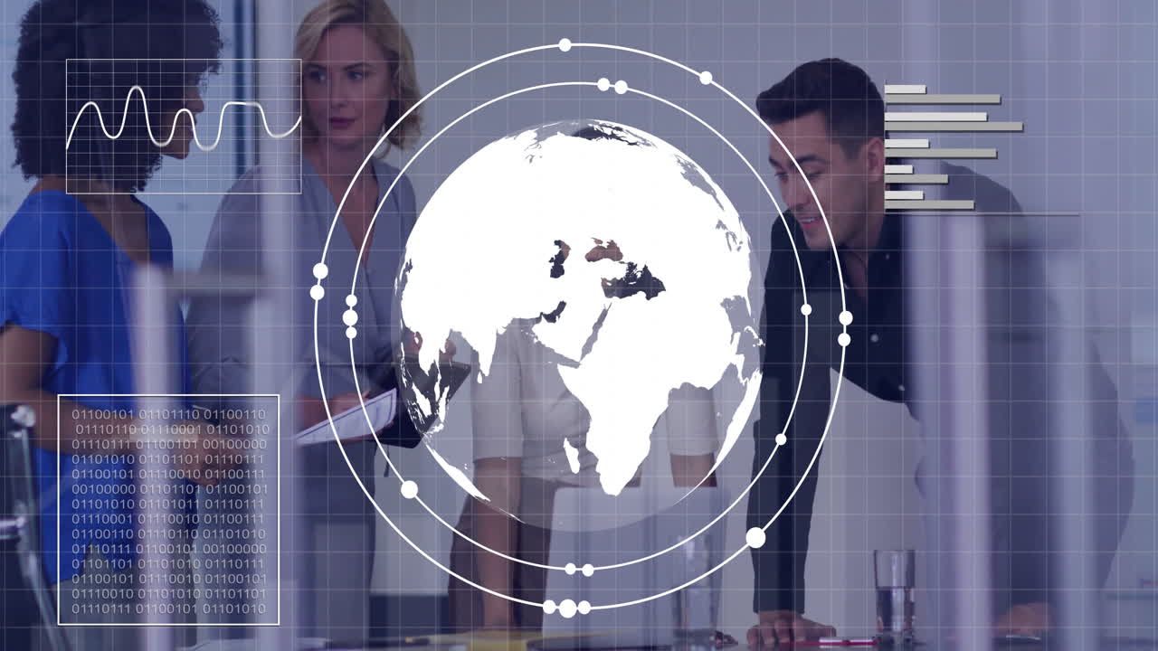 세계, 금융 데이터 처리에 대한 다양한 비즈니스 사람들 사무실에서 애니메이션