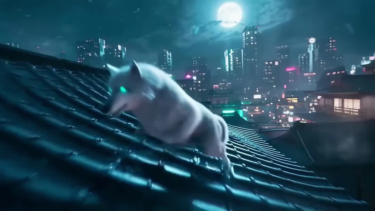 Dynamic low-angle video of a glowing-eyed wolf on a rooftop under a full moon