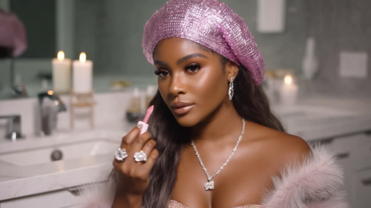 A Glamorous Beauty Transformation: Capturing the Elegance of a Stunning Model Applying Lip Gloss with Poise and Radiance in a Lavish Vanity Setting