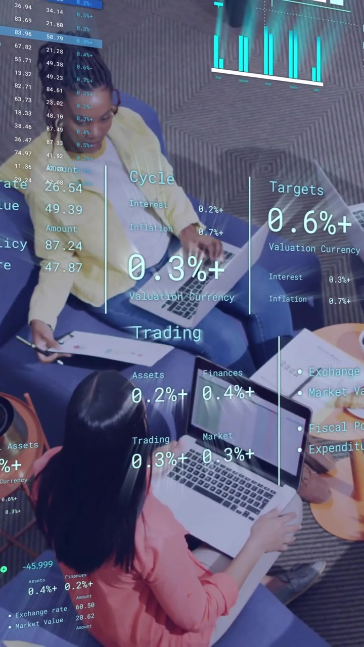 Animation of diagrams and data processing over diverse colleagues discussing work in office