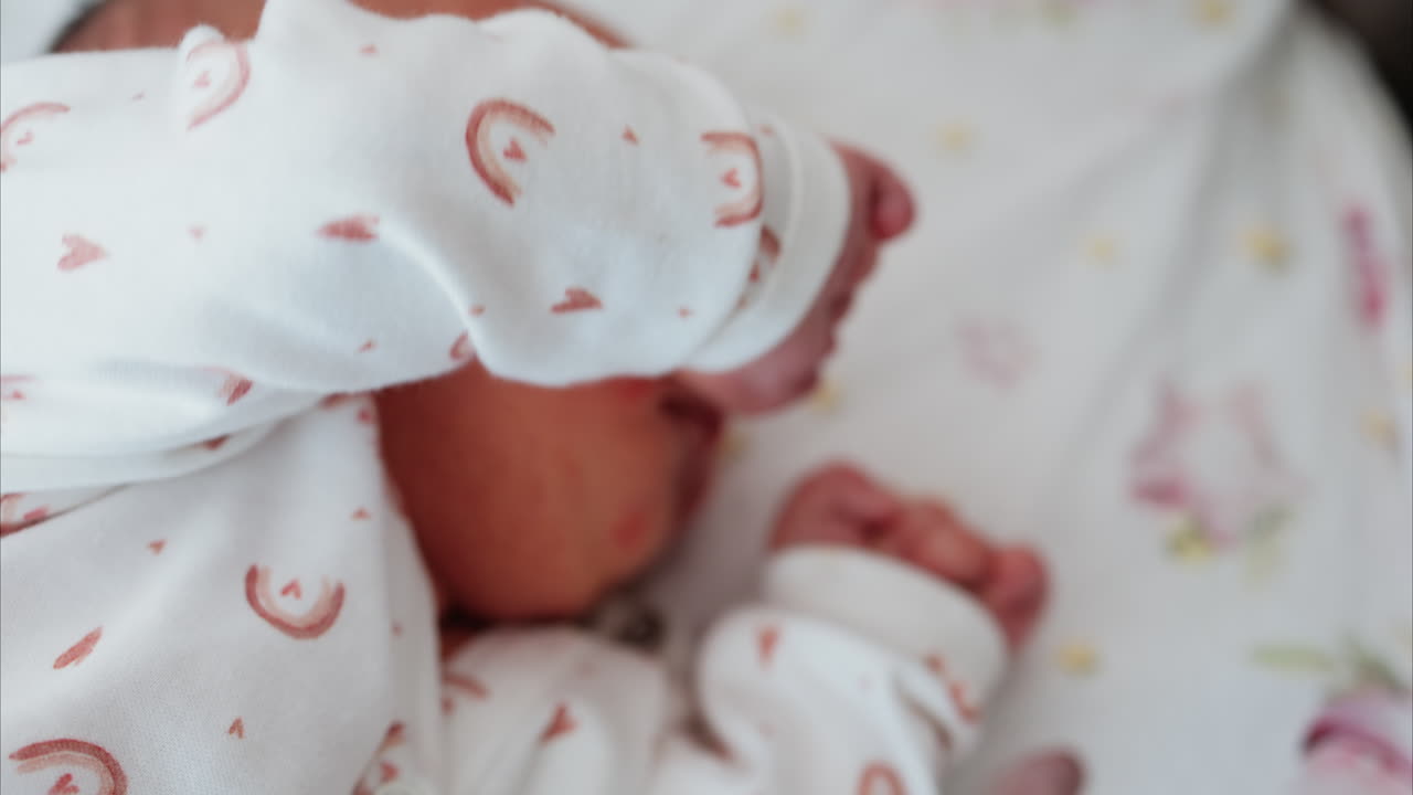 Close up of newborn's hand gently clenched near the face, capturing delicate skin texture