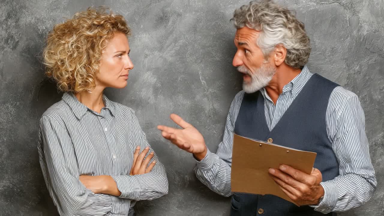 A tense conversation unfolds between two individuals, with apparent disagreement, as they express differing perspectives in a professional setting