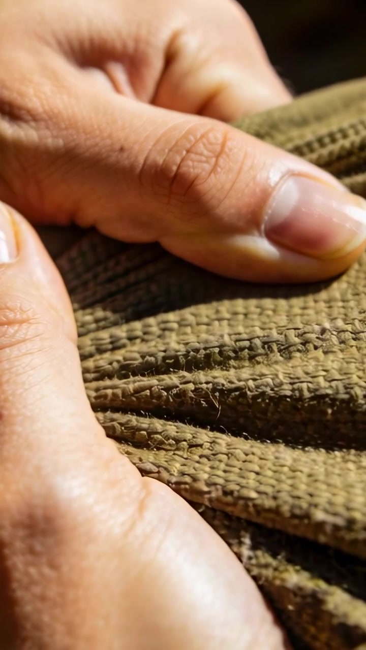 Vertical video: Pinching ribs, male hands pressing and smoothing olive rib knit, shaping in sun