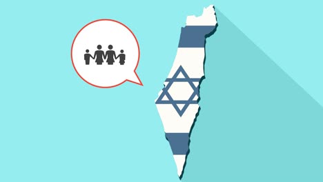 animation of a long shadow israel map with its flag and a comic balloon with a lesbian parents family pictogram