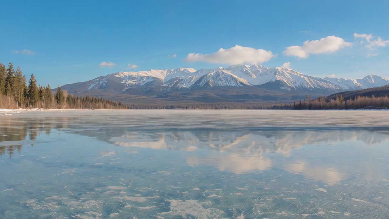 Moving clouds causing mountain reflection sliding across frozen lake at mountain shore, ice patches
