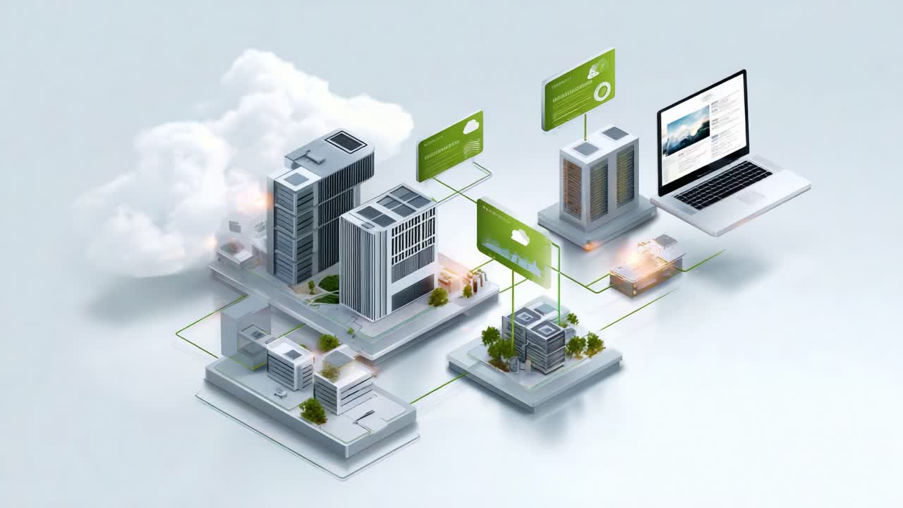 Exploring Digital Connectivity in Urban Environments: A Visualization of Smart Buildings and Cloud Integration with Interactive Interfaces and Data Flow