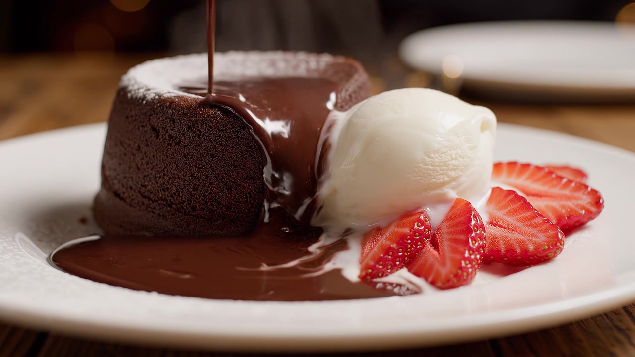 Torta di lava al cioccolato fuso con gelato alla vaniglia e fragole