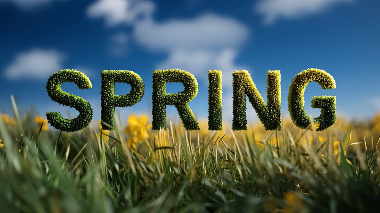 Spring grass grows bold beneath a bright blue sky. Yellow blooms dot the field with cheerful color. The word "SPRING" rises like a living sign of renewal. Nature awakens, bold and vibrant