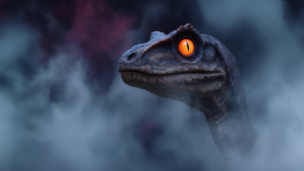 Un Dinosauro Feroce Emerge dalla Nebbia: Primo Piano Accattivante su una Creatura Preistorica Realistica con Occhi Scintillanti tra Nebbia Eterea e Oscurità