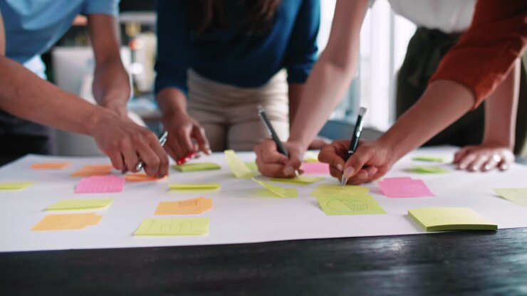 Business people putting ideas on adhesive notes