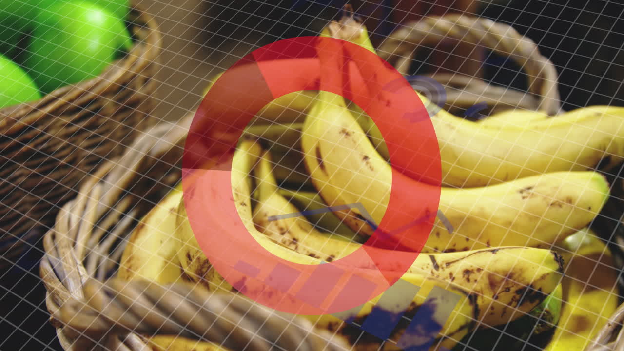 식품 가게에서 바구니에 있는 과일에 대한 통계 및 데이터 처리의 애니메이션