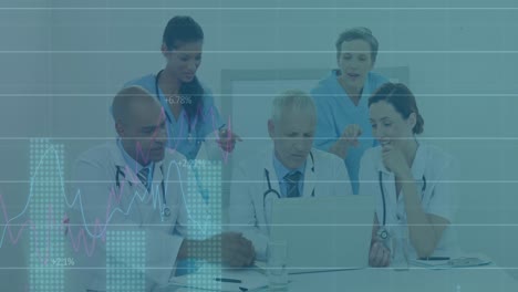 animation of financial graphs and data over diverse medics talking and using laptop