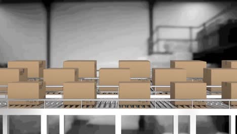 animation of cardboard boxes moving on conveyor belts in warehouse