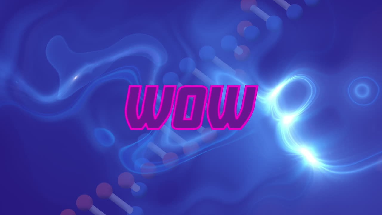 Animation of wow text and dna strand over blue, glowing, liquid background