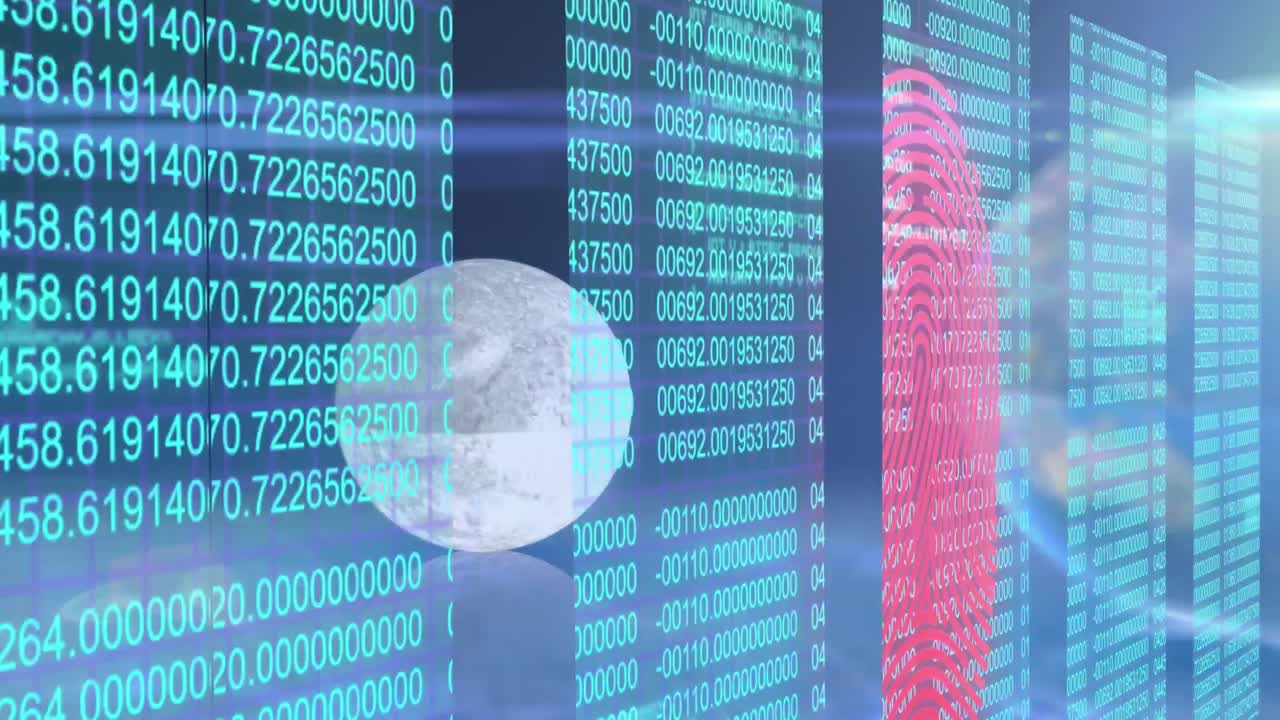 우주에서 지구, 달, 태양과 함께 움직이는 숫자와 지문의 애니메이션