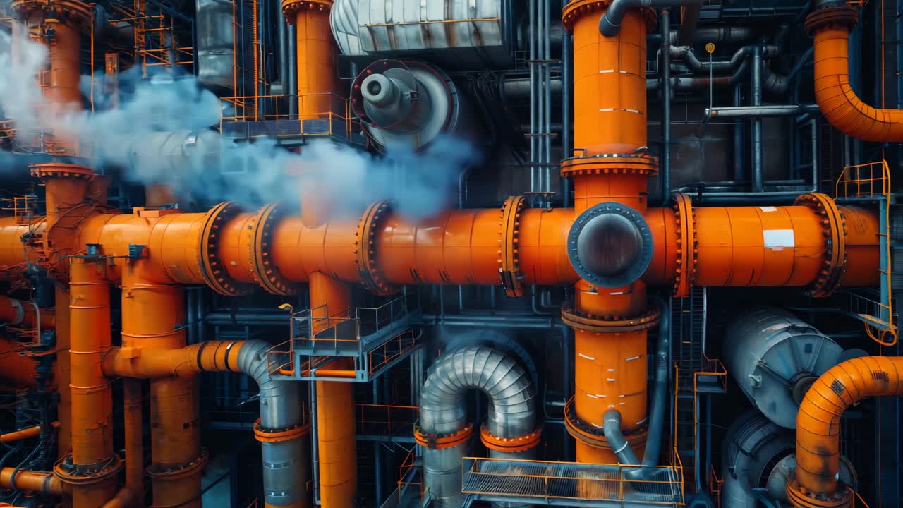 A close up of a large orange pipe with many other pipes branching off of it. Concept of complexity and organization, as the pipes are all connected and interwoven
