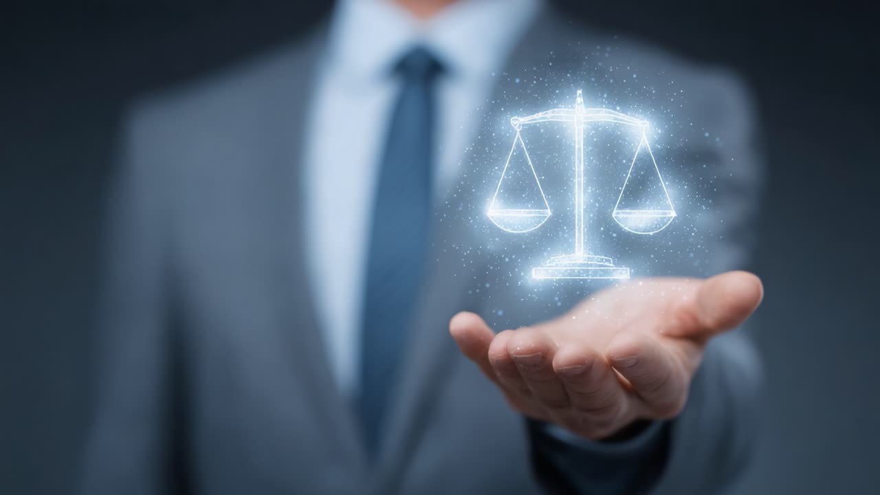 Un professionista presenta il concetto di giustizia con una bilancia luminosa, che simboleggia equità e diritto in un contesto moderno, enfatizzando i valori di uguaglianza e integrità.