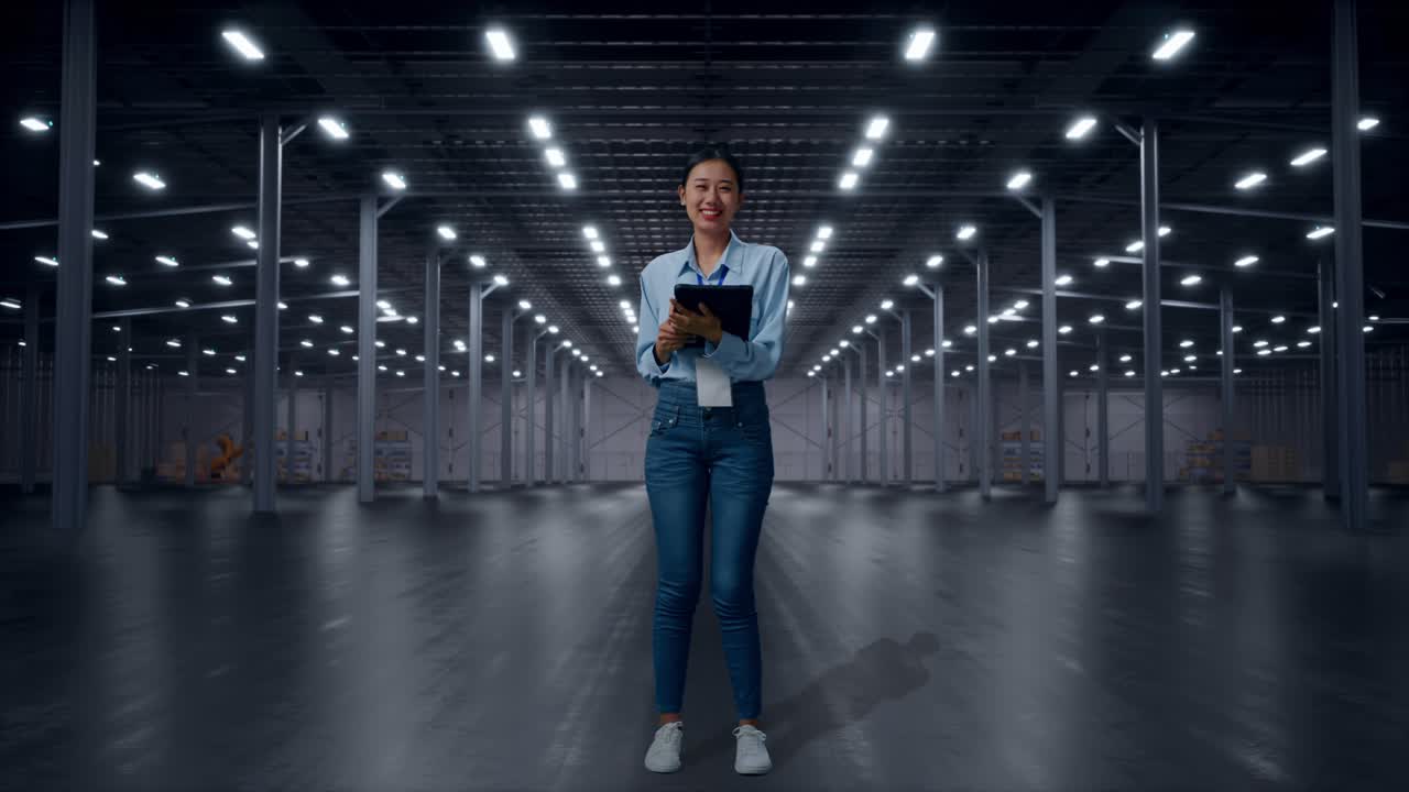 Full Body Of Asian Female in Empty Modern Warehouse, Typing On Tablet'S Keyboard And Looking Camera And Smiling