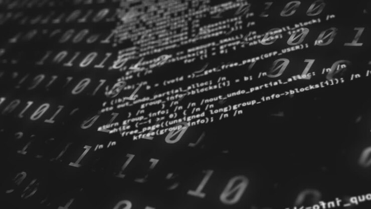 Digitaalinen animaatio datankäsittelystä binäärikoodauksen päällä mustalla taustalla.