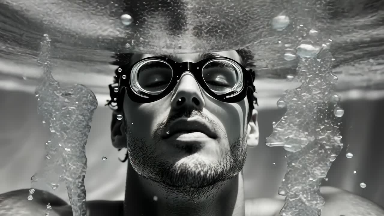Black and white underwater video still of a man in goggles, shot from a low angle, capturing light