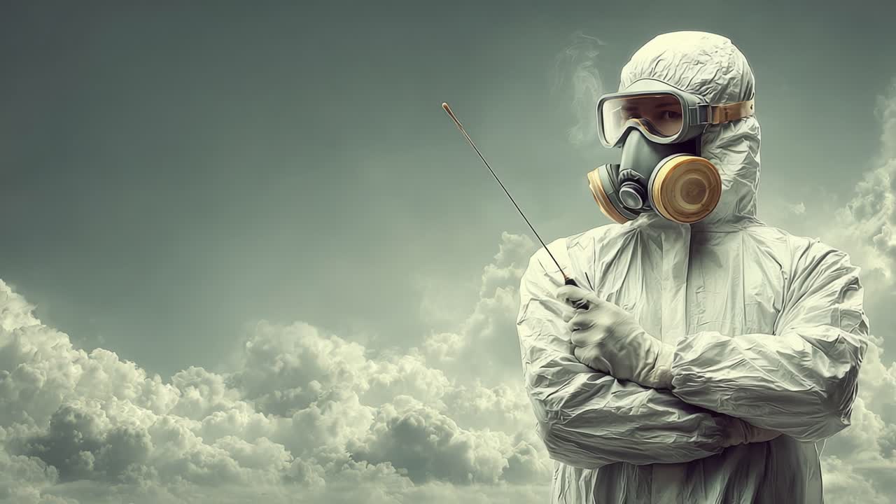 Una Figura in Tuta Protettiva e Maschera Si Erge Contro uno Sfondo Nuvoloso, Tenendo un'Asta e Mostrando un Atteggiamento Serio, Sottolineando Sicurezza e Cautela in Ambienti Pericolosi