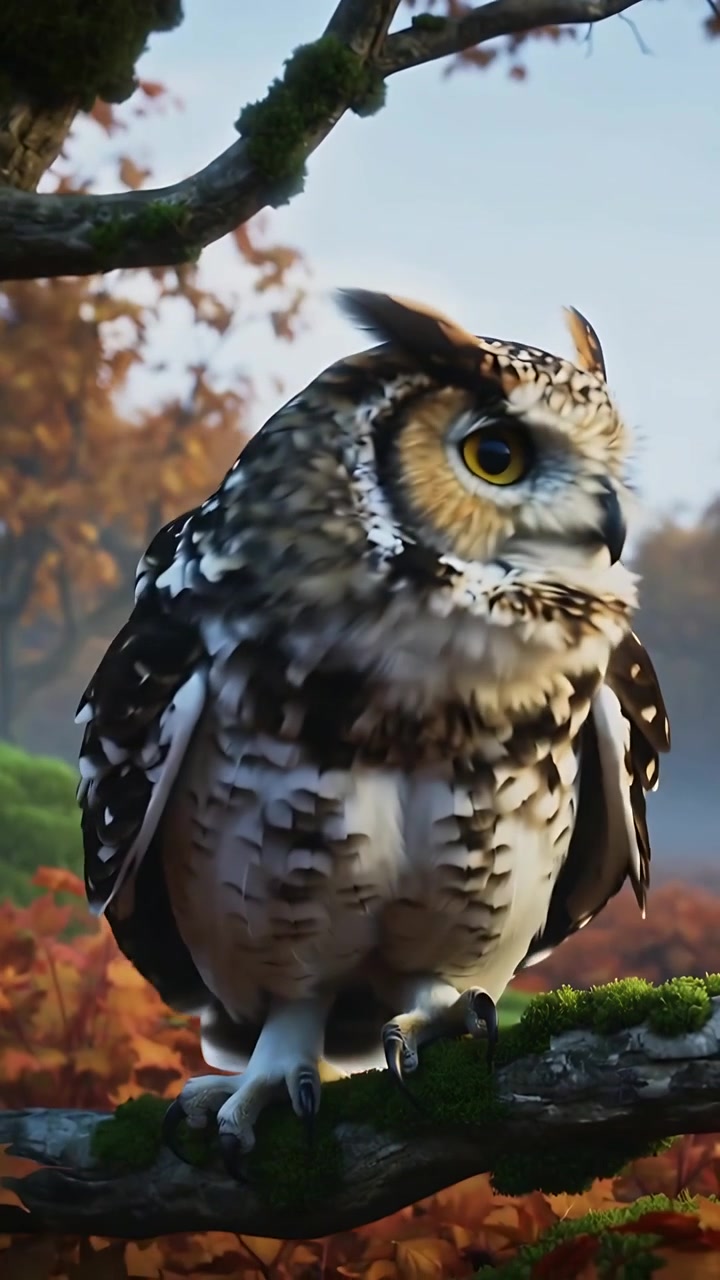 Verticale video: Zittende uil draait zich om in een herfstbos, speurend bij zonsopgang, terwijl hij een bemoste tak vastgrijpt.