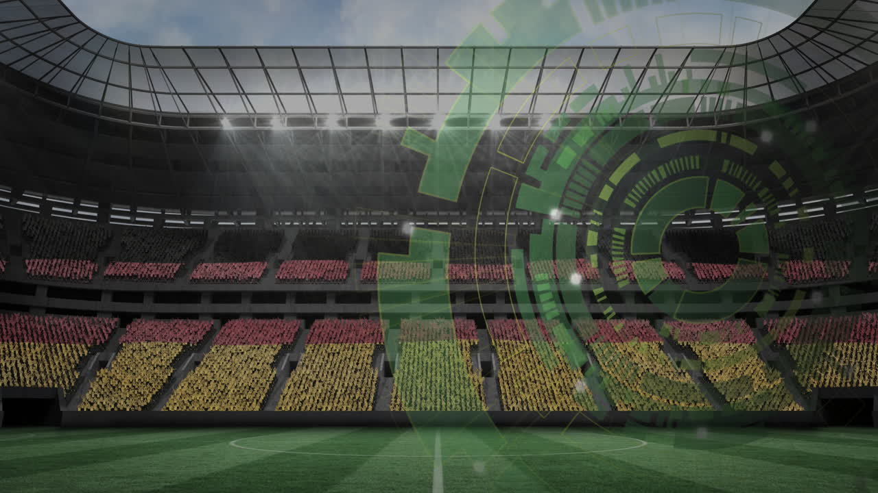 Green digital interface animation over empty soccer stadium with colorful seats