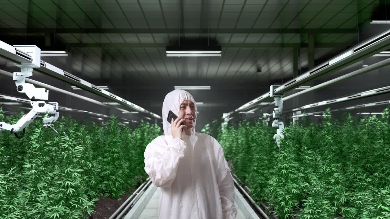 아시아 마리화나 연구원이 스마트 로 농부들과 함께 마리와나 온실에 서서 스마트폰으로 이야기하고 미소 짓고 있습니다.