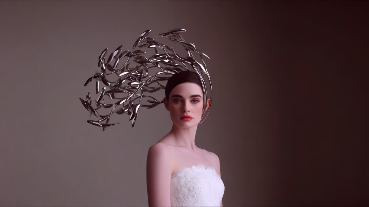 A Captivating Display of Artistry: A Model Showcasing a Unique Hairpiece Made of Silver-Like Elements, Exuding Elegance and Creativity in High Fashion Photography