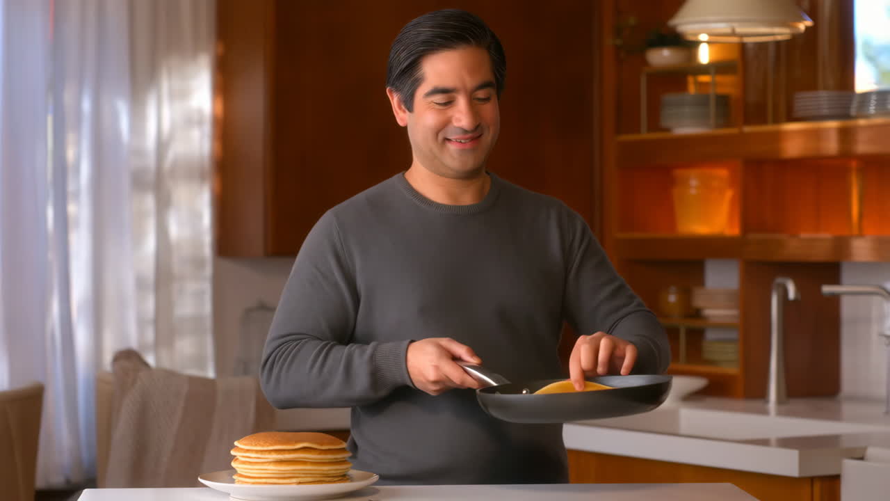 Man preparing pancakes in a modern kitchen