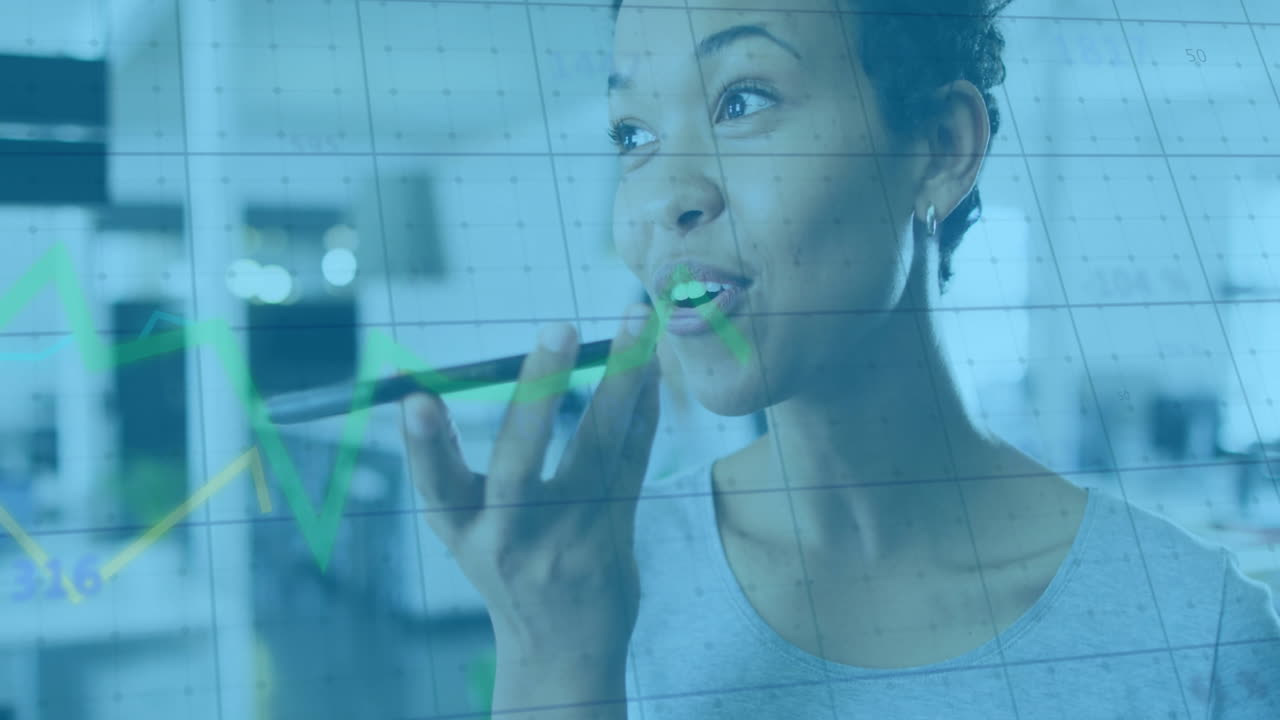 Animation of financial data processing over biracial businesswoman using smartphone
