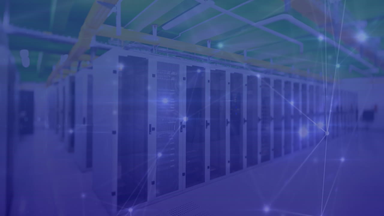 Animation of connected dots over data server systems in server room