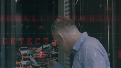 animation of data processing over caucasian server room worker