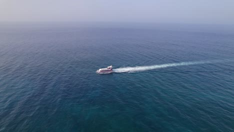 Aerial-View-of-Ferry-Ship-in-Blue-Water-of-Atlantic-Ocean-Sailing-Between-Canary-Islands,-Spain