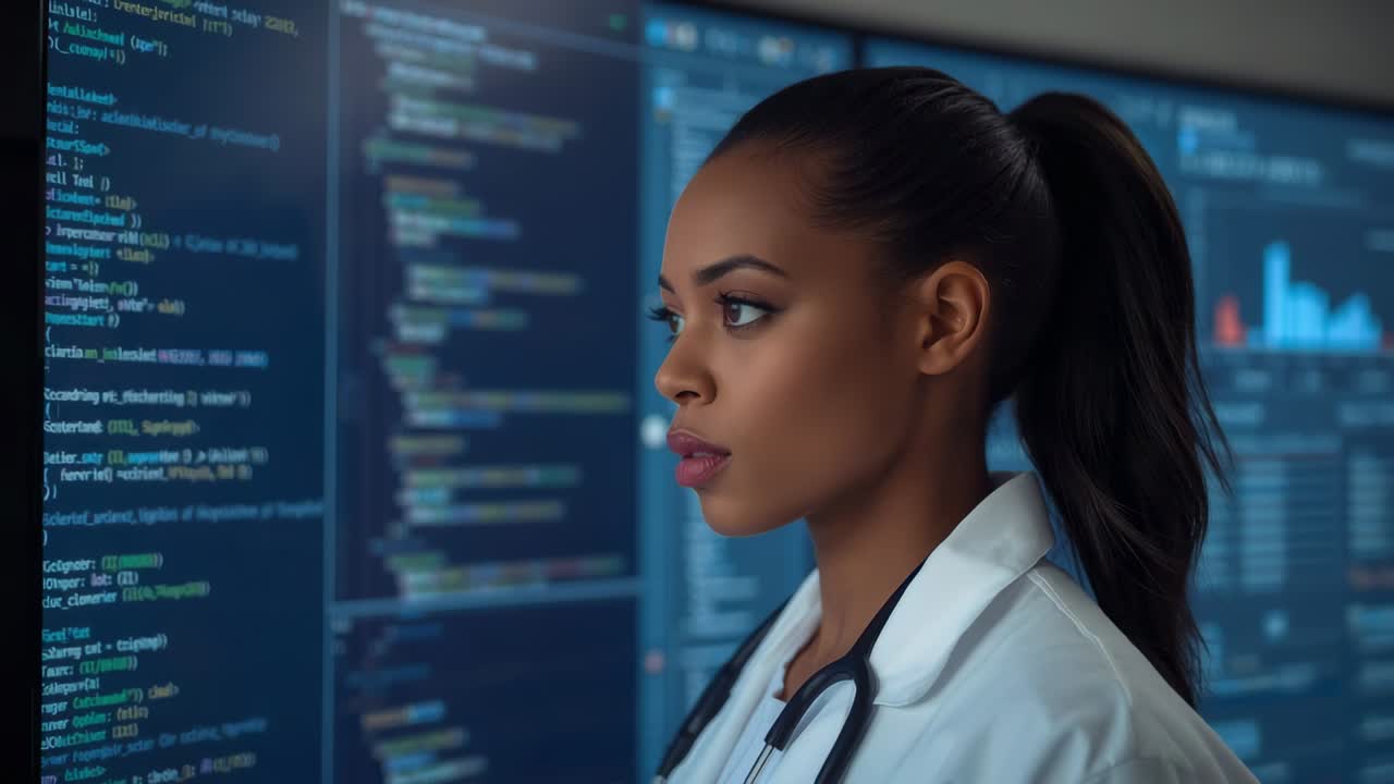 Stepping into view, stethoscope-clad doctor in white coat analyzing data on screens, copy space