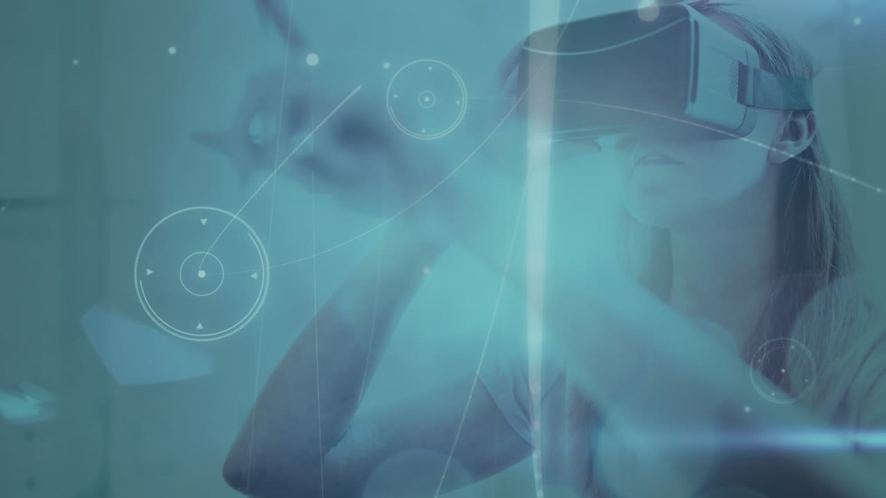 Glowing network of connections and data processing against woman wearing vr headset