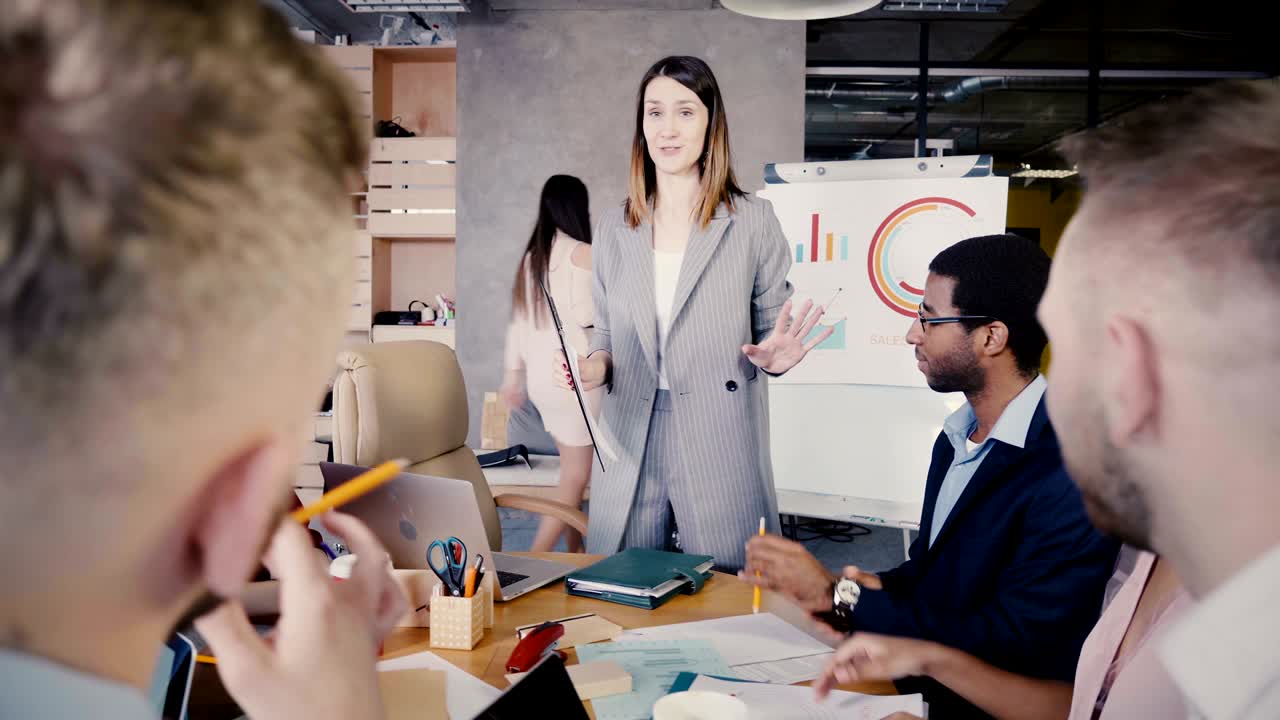 jefa da instrucciones a sus colegas. grupo multirracial feliz cooperando en un proyecto de negocio de ventas en la oficina 4k
