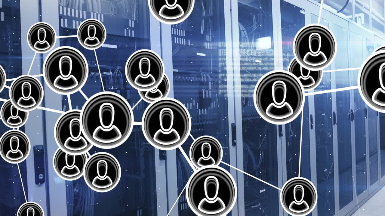 animación del procesamiento de datos y los iconos de los medios en la sala del servidor