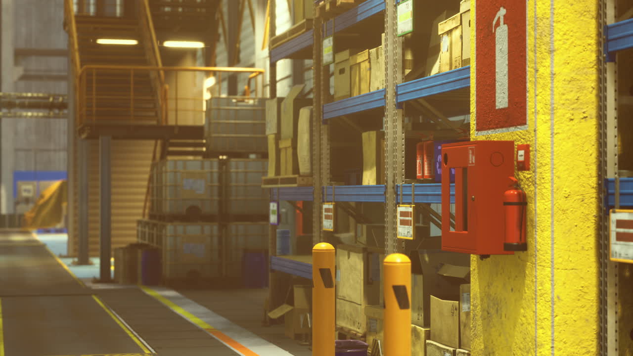 Warehouse interior showing storage shelves and safety equipment in operation
