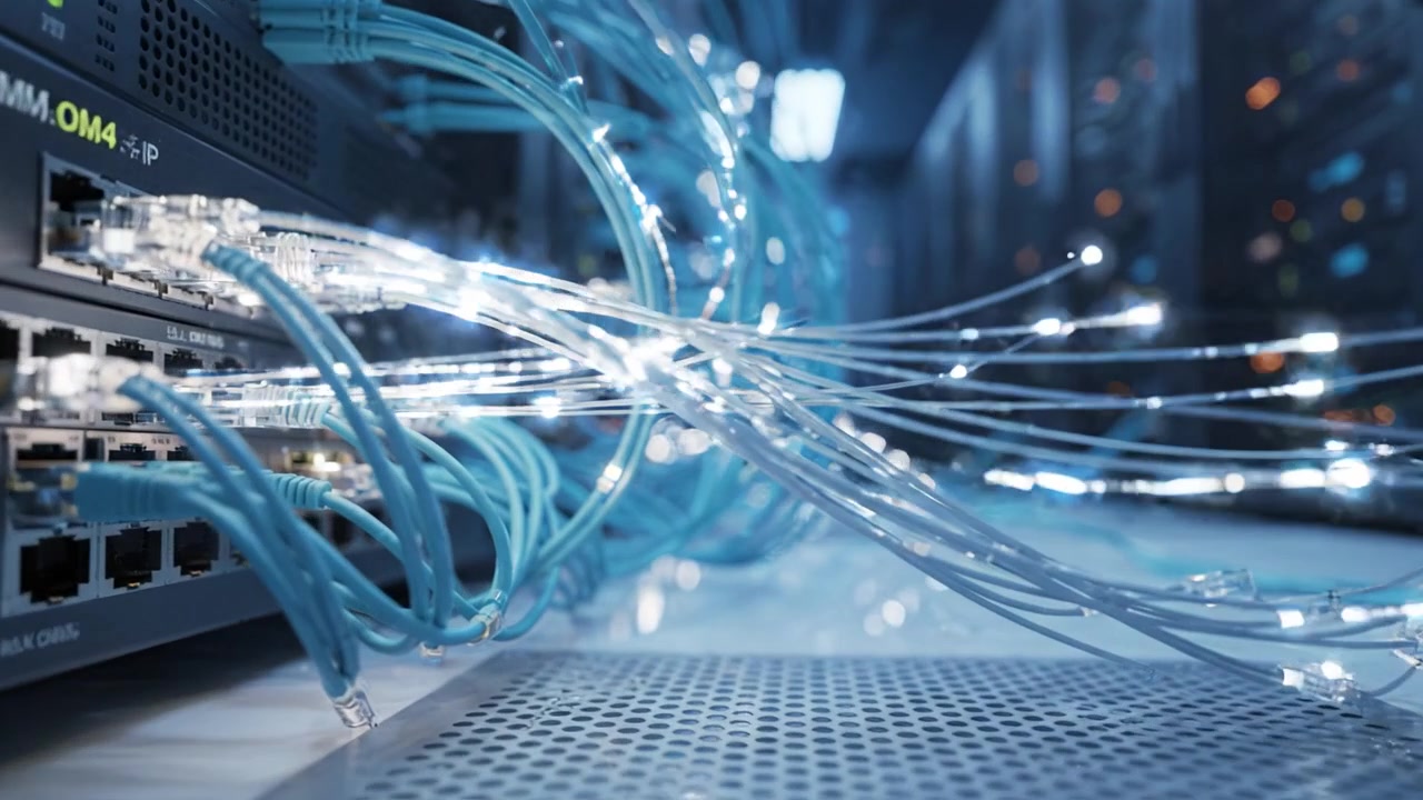 A Captivating Glimpse of a Modern Data Center Featuring Rows of Servers and Complex Networking Cables Illuminated with Soft Light in a High-Tech Environment