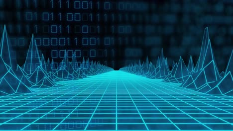 animation of 3d model of grid pattern forming mountain over binary codes against black background