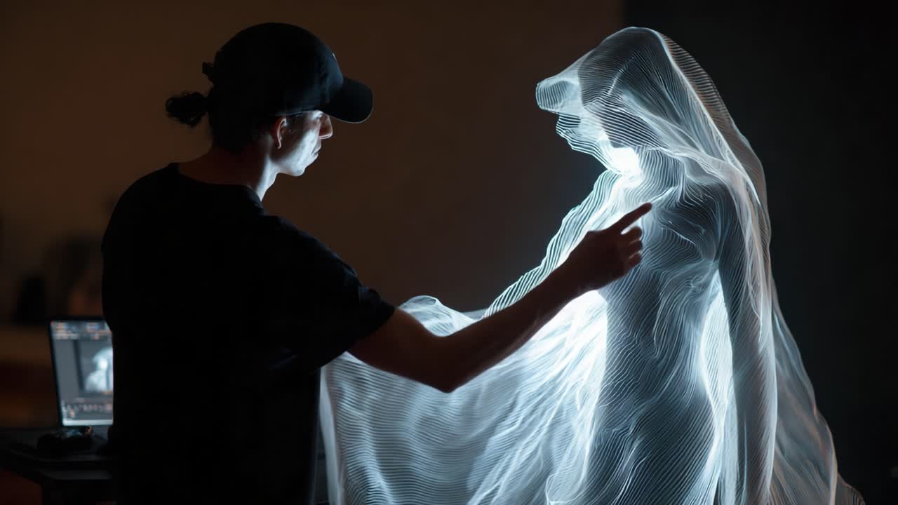 A Creative Artist Engages in a Mesmerizing Performance, Skillfully Manipulating Ethereal Light with a Ghostly Apparition, Blending Art and Technology in a Unique Visual Experience