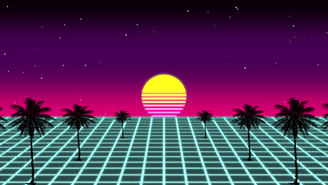 retro 80s computer graphic with palm trees at sunset