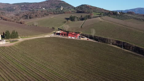 Vuelo-Aéreo-Sobre-Las-Colinas-Que-Rodean-La-Vid-De-La-Bodega-Chianti-Frescobaldi-En-Toscana,-Italia-Durante-El-Día-Soleado