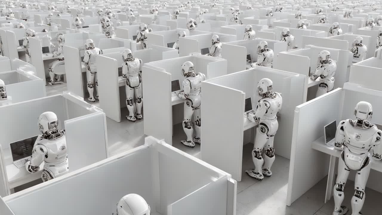 A Futuristic Workplace: A Sea of Robots in Cubicles Engaged in Tasks, Showcasing Automation and Technology's Role in Modern Offices